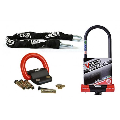 Kit antivol moto homologué SRA FFMC comprenant une chaine + antivol U SUPER MAX MC XXXL + Fixation Compac Blok