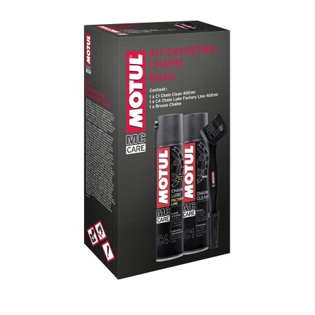 Kit nettoyant lubrifiant de chaîne moto Motul Chain Clean C1 + Chain Lube Road C2 + brosse Kit nettoyant lubrifiant de chaîne moto Motul Chain Clean C1 + Chain Lube Road C2 + brosse